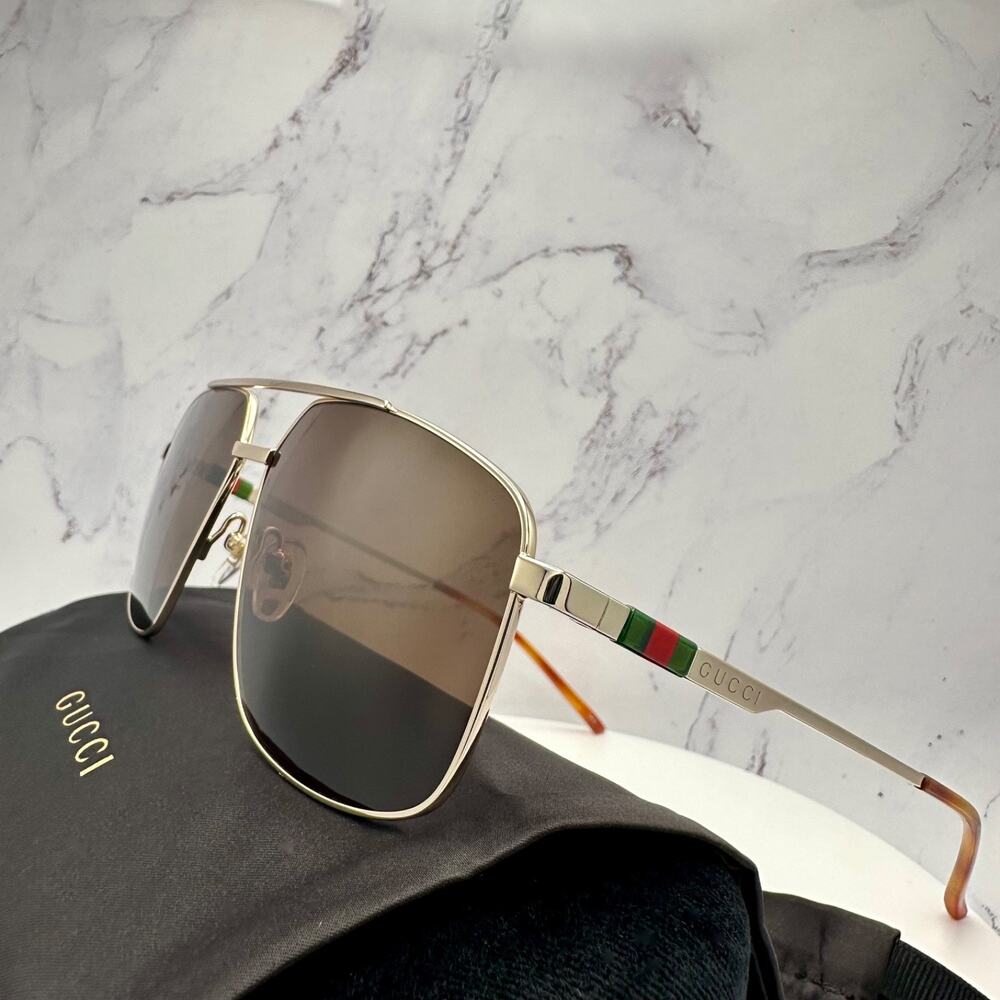 New GUCCI Sunglasses Gold Metal Square Aviator Pilot Red Green Web Logo Mens - Picture 6 of 16